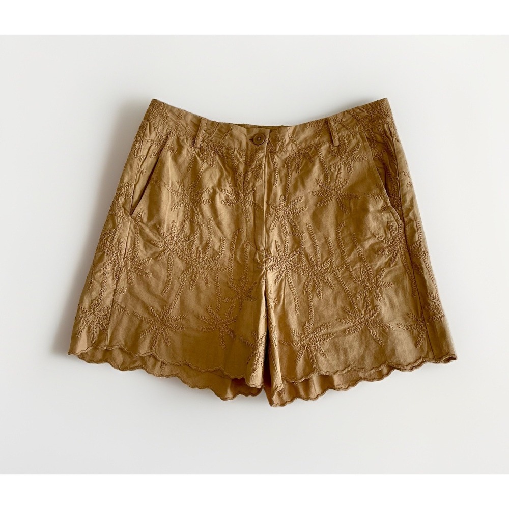 EsQualo Palm Tree Embroidered Shorts Size 10 Tan Scalloped Hem Coastal Old Money